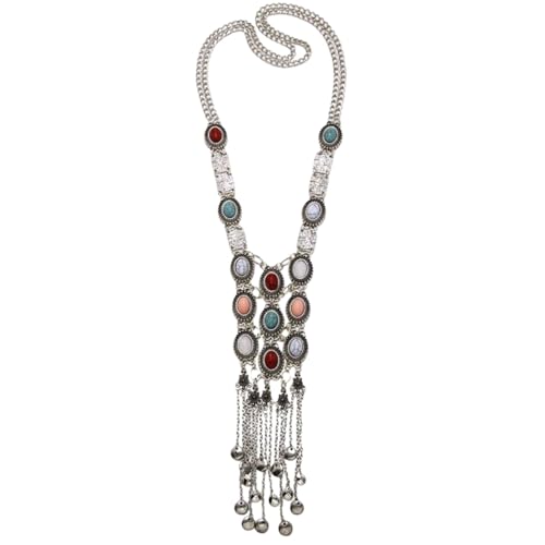 Asphire Bohemian Long Tassel Necklace Vintage Colorful Gemstone Turquoise Necklace Nepal Tibetan Ethnic Exaggerated Statement Accessories for Women and Girls - color: Silver