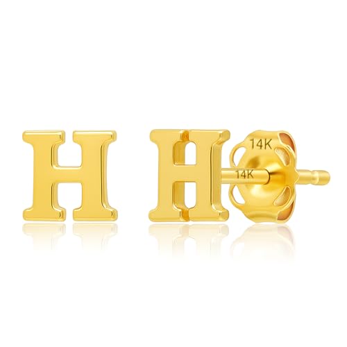 14k Gold Small Script Initial Letter Stud Earrings for Women | Anti Tarnishing 5mm 14k Gold Studs | A-Z Alphabet Earrings with Gift Box by MAX + STONE - style: H | Yellow Gold