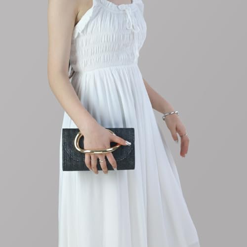 Straw Clutch Purses for Women,Summer Beach Bag,Woven Evening Handbags with Chain,Trendy Metal Handle Purses 2026 - color: Black