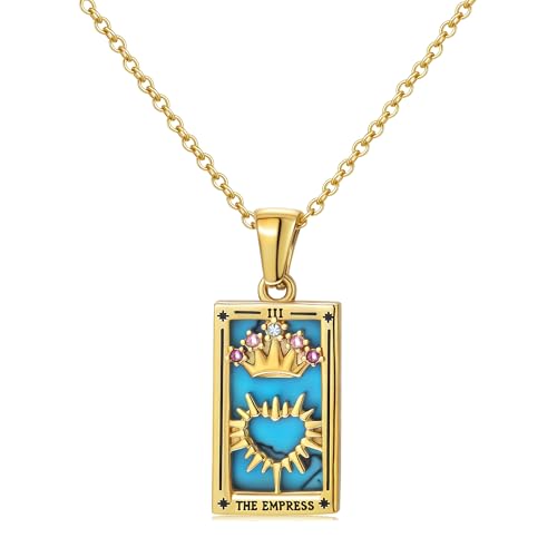 Gold Tarot Card Necklace for Women Men, Non Tarnish 18K Gold Plated Vintage Lucky Charm Square Pendant Talisman Amulet Necklaces Unisex Jewelry - style: The Empress