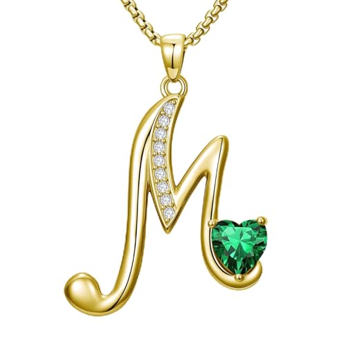 Birthday Gifts for Women 18k Gold Initial Necklaces for Women Simple Alphabets Letters with Birthstone Pendants Name Jewelry Anniversary Wedding Gifts for Sister Daughter Her (with Gift Box) - color: 05-May-Emerald, style: Letter M