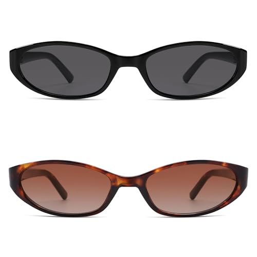 Retro Oval Sunglasses for Women Men Y2k Narrow Cat Eye Sunnies Skinny Shades AR82299 - color: 06. Black/Grey+tortoise/Red Grading
