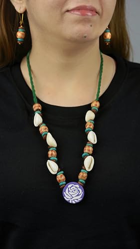 Natural Wood and Terracotta Beaded Statement Set, Bohemian Floral Pendant Necklace with Matching Earrings, Cowrie Shell Fashion Jewelry for Women, Perfect Mother’s Day Gift for Mom, Unique Valentine Gift for Her