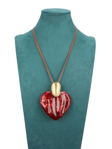 GelConnie Long Necklaces for Women Boho Large Pendant Necklace Casual Bohemian Brown Leather Choker Sweater Circle Statement Stone Necklace - style: Red Heart Gold Necklace