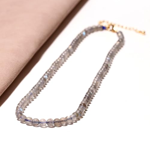 Simple Choker Necklace for Women Real Stone and Crystals Necklaces 4mm Beaded Choker Jewelry Meditation Gift for Women (16"+2") - style: Moonstone