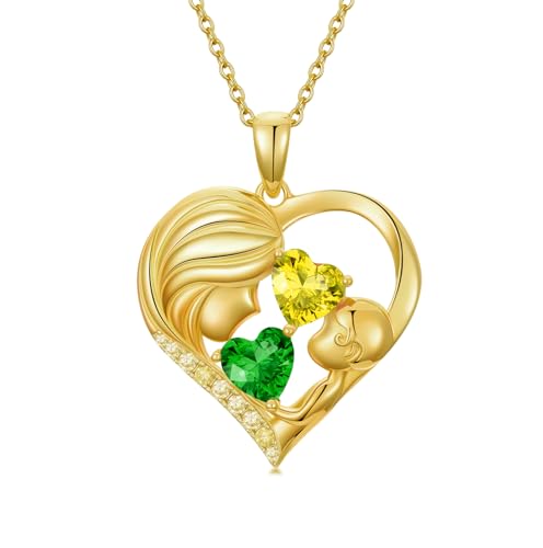 Mothers Day Gifts 14K Yellow Gold Mother Daughter Heart Pendant Necklace with 12 Months Birthstone Birthday Gifts for Mom Anniversarry Jewelry for Mom Wife Girlfriend - color: 05-11-May-Nov Birthstone