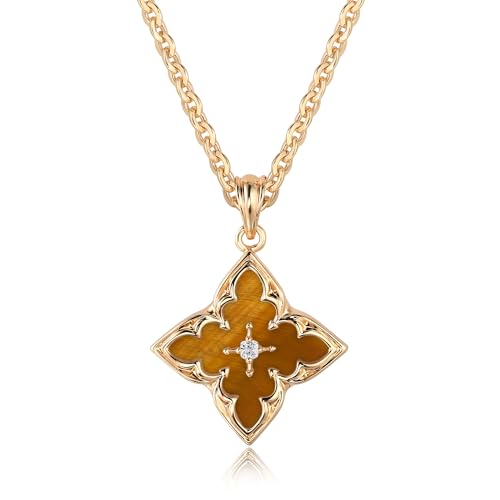 Fettero Gold Clover Necklace for Women Dainty 14K Gold Plated CZ Pendant Necklace Adjustable Chain Choker Charm Colorful Clover Pendant Lucky Necklaces for Women Jewelry - color: Brownish yellow