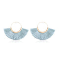 Bohemian Silky Thread Tassel Strand Fringe Statement Hoop Earrings - Lightweight Semi Circle Fan Threader, Mermaid Hoops - color: Halfmoon Tassel Hoops - Light Blue
