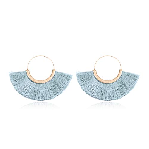 Bohemian Silky Thread Tassel Strand Fringe Statement Hoop Earrings - Lightweight Semi Circle Fan Threader, Mermaid Hoops - color: Halfmoon Tassel Hoops - Light Blue