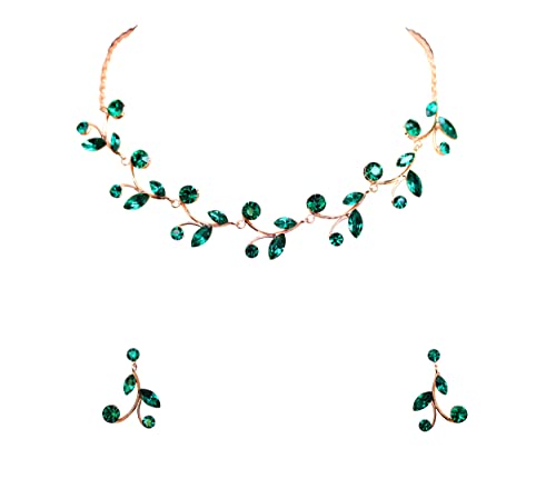 Faship Gorgeous Rhinestone Crystal Floral Necklace Earrings Set - color: Green / Rose gold plated