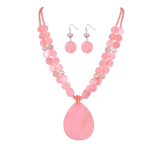 Big Teardrop Pendant Necklaces for Women Colorful Beaded Necklaces Statement Set for Holiday. - color: Pink