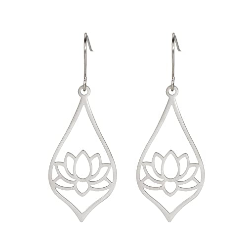 TEAMER Stainless Steel Lotus Flower Dangle Earrings Bohemian Drop Earring Unique Geometric Jewelry for Women - color: Lotus 3-Steel Color