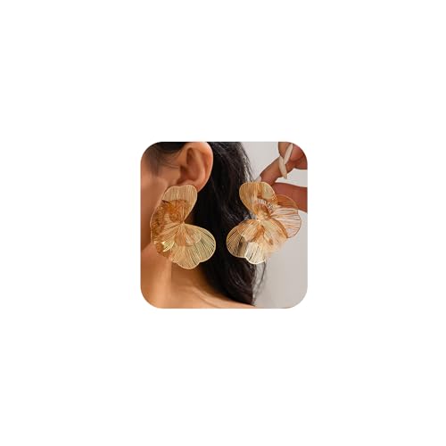 Gold Large Flower Dangle Earrings for Women Vintage Big Ginkgo Leaf Statement Silver Earring Trendy Oversized Floral Punk Jewelry Hip Hop Accessories - color: Gold