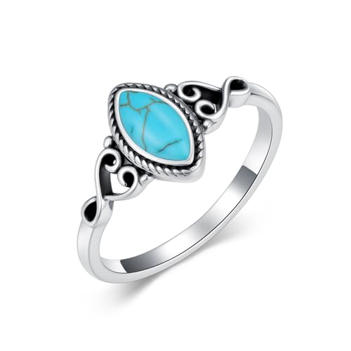Real Turquoise Rings 925 Sterling Silver Natural Gemstone Olive Shape Ring Boho Western Jewelry Gifts for Women