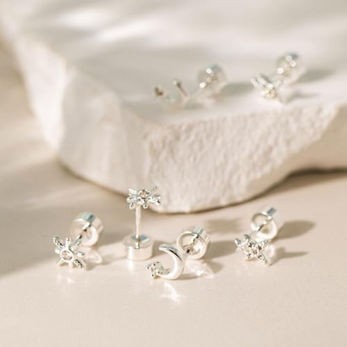 VRIUA 20G Tiny Flat Back Earrings for Women - 14K Gold/Silver Plated Small Flat Back Stud Earrings Hypoallergenic Cartilage Helix Piercing Jewelry - color: 4/5/6mm-Star Moon Flat Silver