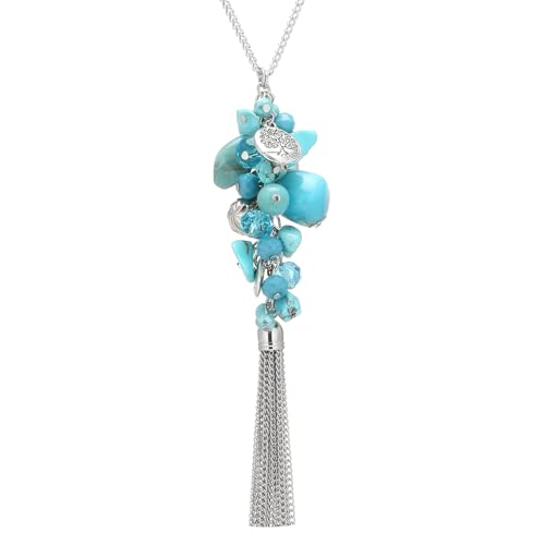 Noessla Boho Long Pendant Necklaces for Women Silver Tassel Long Necklace Sweater Chain Mothers Day Gifts Silver Costume Jewelry for Women - color: Turquoise