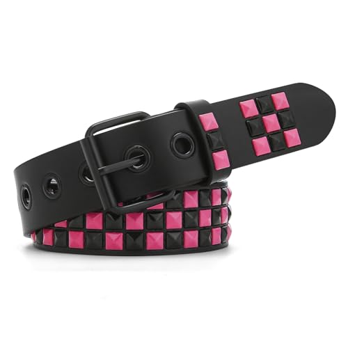 Studded Belt, Metal Punk Rock Rivet belt with Bright Pyramid Studded for Women Men - color: Fuchsia, size: Fit Pant 27-32 Inch