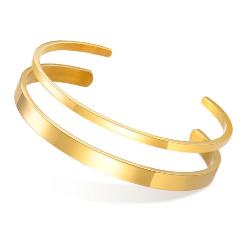MEALGUET Stainless Steel Mens Cuff Bracelet : Minimal Cool Silver/Black/Gold Plated Open Metal Cuff Bangle Bracelets for Men,Mens Bracelet Jewelry Gift - color: Gold Plated-2-Pack, size: Medium( fit 5.5"-7.2" wrist)