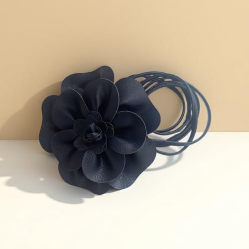 Boho Big Flower PU Leather Waist Belt Chain for Women Rose Floral Camellia Long Tassel Adjustable Waist Band Jewelry - color: Navy Blue