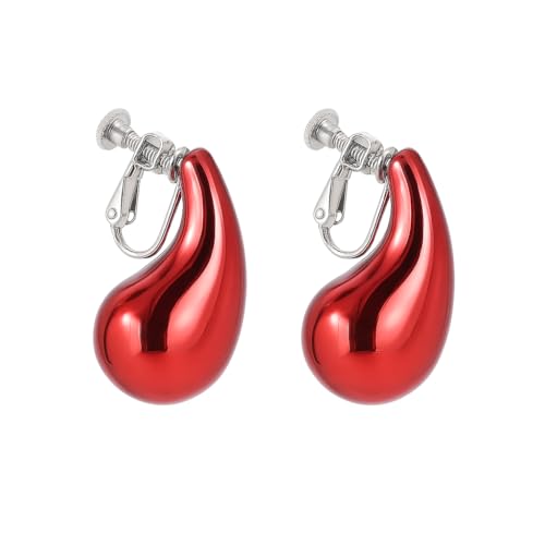 14K Gold Clip On Earrings Women,Teardrop Chunky Detachable Hoop Clip-On Earrings for Non Pierced Ears Hypoallergenic Lightweight Earring Clips - color: Red
