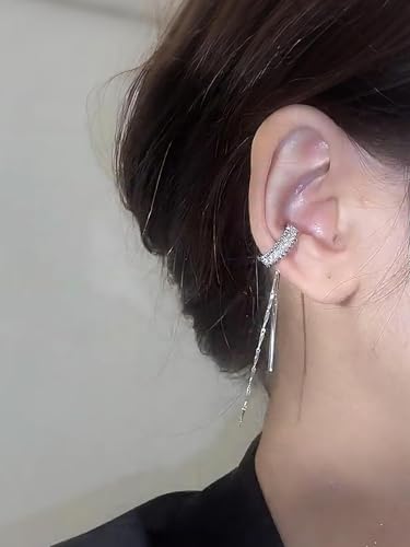 Silver Chain Earrings for Women Dainty Long Tassel Chain Hoop Earrings Layered Shiny Ring Non Piercing Earring Y2K Drop Dangle Cuff Earring Crystal Huggie Clip Hoops Gift for Her - color: Left Ear
