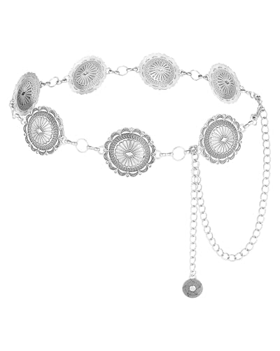 AWAYTR Chain Belt for Women – Adjustable Boho Metal Waist Chain Belt Gold Sliver for Dresses Jeans Country Concert Outfit - color: Sliver-petal Circle