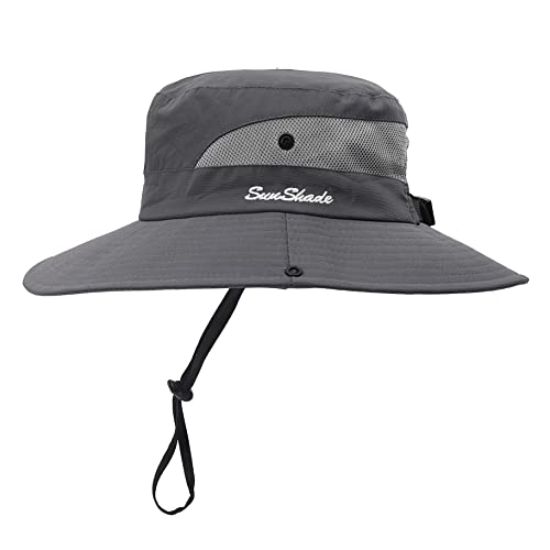 Womens Summer Sun Hat Beach Hat Wide Brim Outdoor UV Protection Hat Foldable Cool Mesh Ponytail Bucket Hat - color: Grey