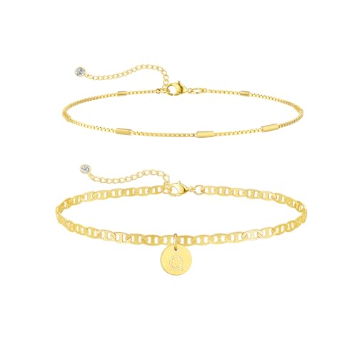 Initial Ankle Bracelets for Women 14K Gold Plated Dainty Layered Round Letter Anklets Beach Jewelry Gift - color: Gold-Q