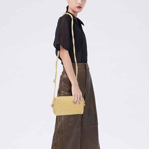 Woven Crossbody Bags for Women Handwoven Purses Vegan Leather Small Handbag Handmade Shoulderbag | Lightweight - color: Yellow