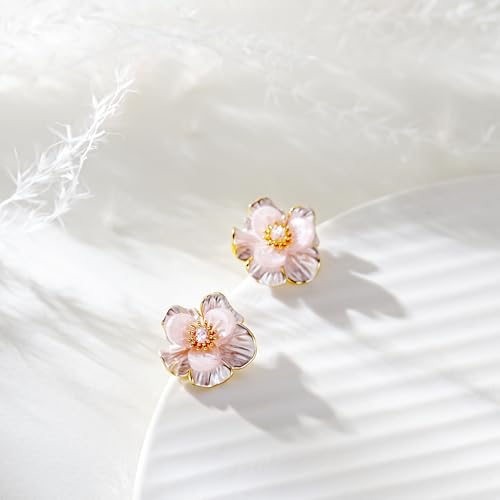 Pink Flower Earrings for Women, 925 Sterling Silver Stud Earrings, Cute Plumeria Earrings For Women, Cherry Blossom Hypoallergenic Stud - color: Pink Peach Blossom