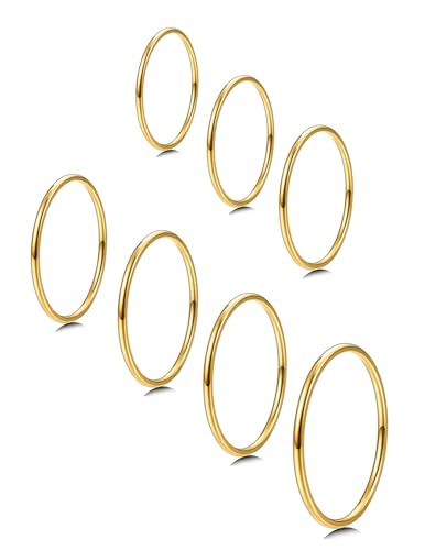 MILACOLATO 1mm Stainless Steel Stacking Rings for Women | Thin 14K Gold Plated Band Rings | Stackable Knuckle Rings Thumb Pinky Midi Rings | Comfort-Fit Size 3/4/5/6/7/8/9 - color: 7pcs Gold Tone,Size 3-9