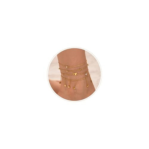 LOFITOR Ankle Bracelets for Women Glitter Waterproof Adjustable Anklet Set for Women 18K Gold Plated Silver Charm Dainty Layered Anklets, Summer Beach Anklet Jewelry for Women - style: Butterfly Gold