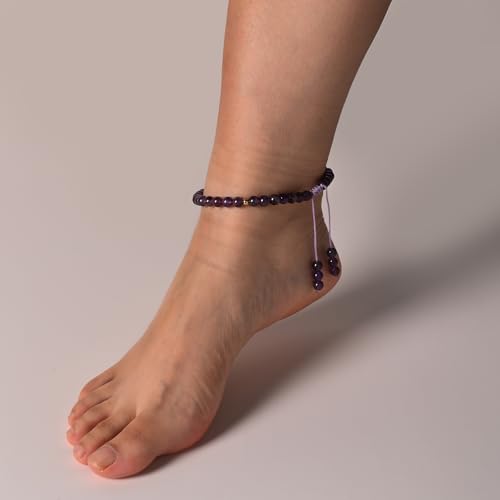 Softones 6mm Natural Stone Anklet for Women Gemstone Ankle Bracelets for Women Healing Energy Crystal Anklets Adjustable(8.5-10 Inches) - color: Amethyst