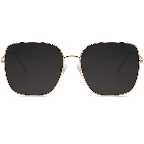 SOJOS Trendy Oversized Square Metal Frame Sunglasses for Women Men Retro Big Flat Lens UV Protection Sunglasses SJ1146 - color: Gold/Grey