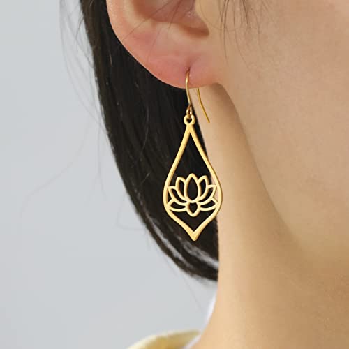 TEAMER Stainless Steel Lotus Flower Dangle Earrings Bohemian Drop Earring Unique Geometric Jewelry for Women - color: Lotus 3-Gold