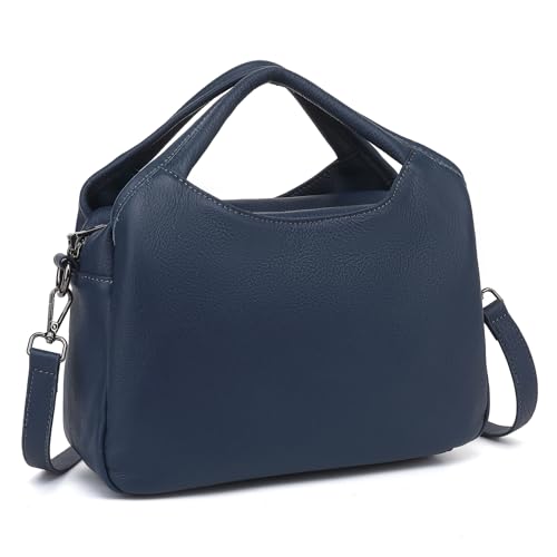 KOGTLA Medium Genuine Leather Purses for Women with Detachable Satchel Strap, Ladies Soft Handbags, Tote Hobo Bags - color: Blue
