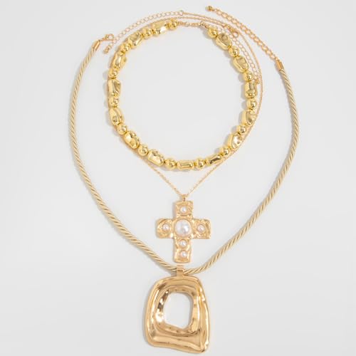 Chunky Necklace Stack Big Statement Necklace for Women Layered Large Oval Circle Cross Necklaces Stackable Boho Necklaces for Women Chunky Jewelry - style: A - cross oval