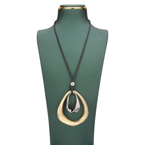Kelake Leather Necklace for Women Men Teen Vinatge Boho Alloy Pendant Choker Jewelry Fashion Sweater Necklaces with Adjustable Genuine Leather Chain - color: Black Gold 2 Circles Pendant