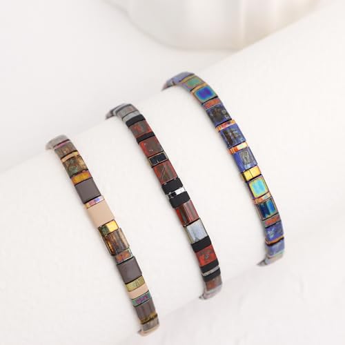 Sonateomber Tila Flat Beaded Stretch Stack Bracelets Set for Women, Trendy Stackable Colorful Glass Square Beads Bracelet Friendship Accessories Jewelry Gift - color: Black Dark Red Gold Blue Gray Pink Brown