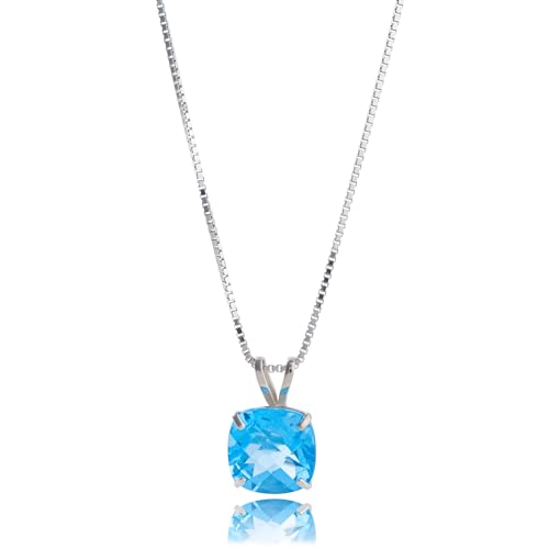 MAX + STONE Cushion Cut Gemstone Necklace | 8mm Solitaire Birthstone Necklace for Women | Gemstone Pendant Necklaces with 18 inch Box Chain - color: Swiss Blue Topaz