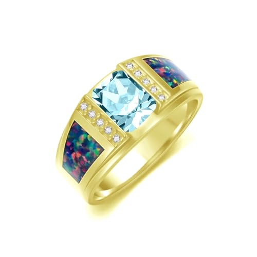 2CT Gemstone Wedding Ring for Men S925 Sterling Silver Gold Plated Opal Engagement Ring Vintage Retro Jewelry for Men Husband Anniversary Free Engraved Size 4 to 16 - style: Aquamarine
