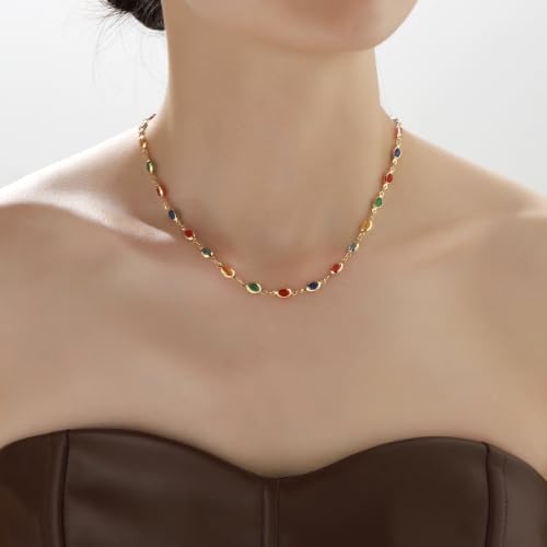 Beaded Choker Necklaces for Women 18k Gold Plated Dainty Gold Choker Necklaces for Women - style: Colorful Oval 27