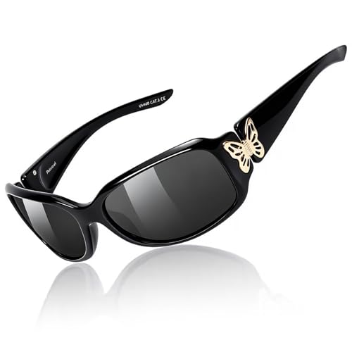 TJUTR Polarized Sunglasses for Women with Wrap Around Butterfly Design, Trendy Jackie-O Style for UV400 Protection - color: A1 Black Frame Grey Lenses