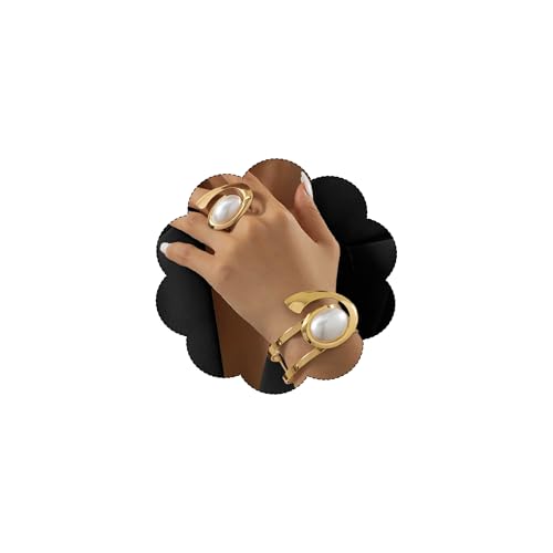 Boho Open Bracelet Ring Set for Women Black and Gold Jewelry Set Oval Cuff Bracelet Adjustable Ring Vintage Jewelry - style: Pearl