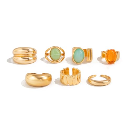 Chunky Gold Rings for Women Non Tarnish Silver Chunky Rings Set Adjustable Thick Statement Ring Gold Stackable Ring for Women Trendy Fashion Silver Jewelry - style: Style8-Blue Gemstone 7Pcs