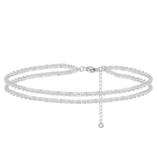 MIDEEO Gold/Silver Ankle Bracelets for Women,14K Gold Anklets for Women Waterproof Cuban Link Heart Beads Herringbone Rhinestone Anklets Set Layered Anklet Bracelets for Women Gold Jewelry Gift - style: 2 Layers Anklet E-Sliver