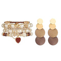 2 Pcs Western Jewelry for Women Bohemian Set, Boho Stackable Beaded Bracelets Vintage Round Disc Drop Earrings Stretch Brown Faux Pearl Heart Crystal Stretchy Bangles Prom