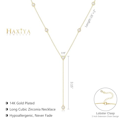 HAXIYA Lariat Gold Necklace for Women Dainty Long Necklace 14K Gold Plated/Silver Y-Shaped Pendant Drop Chain Layered Pearl/Beaded/CZ Necklaces Gold Jewelry Gift for Prom/Wedding - style: Diamond - Gold
