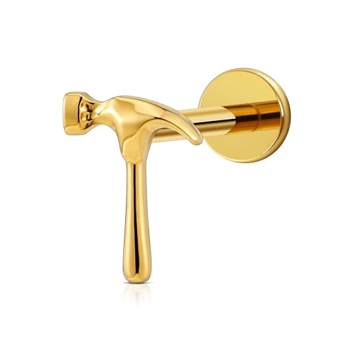 FINE4U 1PC ASTM F136 Titanium Internally Threaded Piercing Jewelry Stud 16G 6mm 8mm for Helix, Tragus, Conch, Flat - color: Hammer - Gold