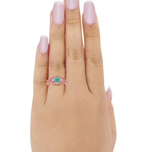 Blue Apple Co. Art Deco Ring Round Cubic Zirconia Leaf Filigree Design Split Shank Twisted Band Bridal Statement Wedding Engagement Rings For Women 925 Sterling Silver Gifts For Her - color: Rose Tone, Simulated Paraiba Tourmaline CZ